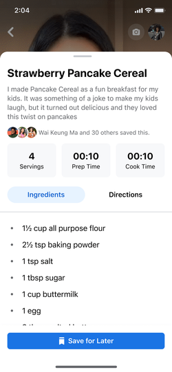Recipe overlay while watching a Reel.