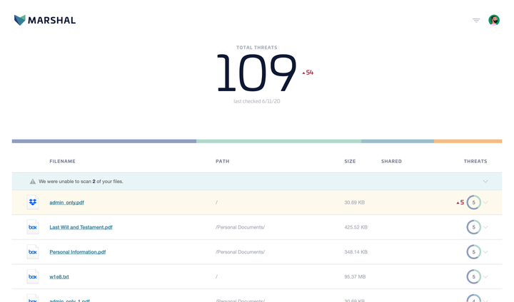 Marshal report showing threat count and delta.