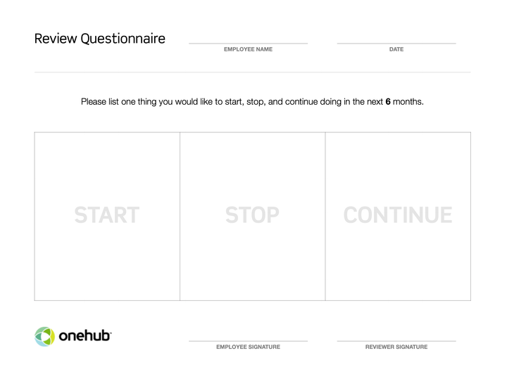 Onehub review questionnaire with stop-start-continue format.