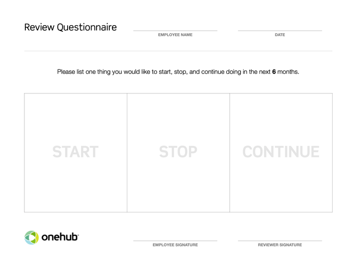 Onehub review questionnaire with stop-start-continue format.