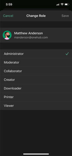 Onehub iOS role modification screen.
