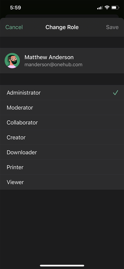 Onehub iOS role modification screen.