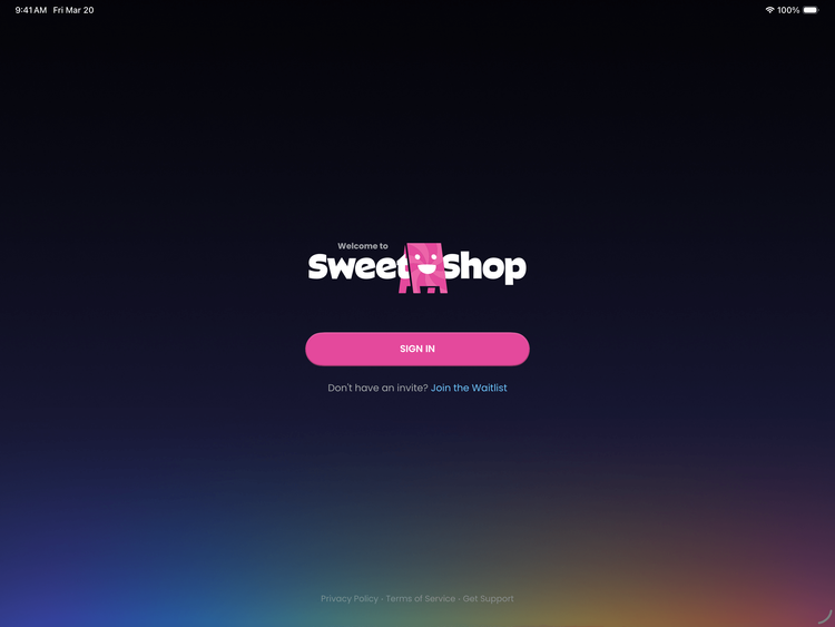 Sweet Shop sign in on iPad.