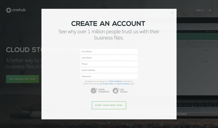 Onehub website sign up modal.