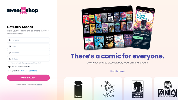Sweet Shop waitlist sign up on desktop.