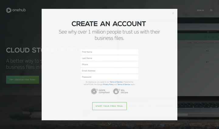 Onehub website sign up modal.