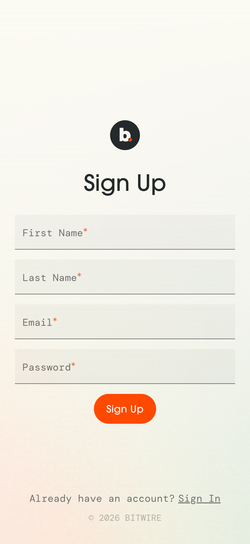 Bitwire website sign up on mobile.