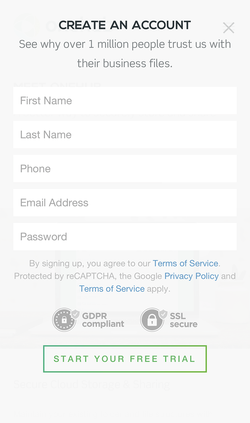 Onehub website sign up modal on mobile.