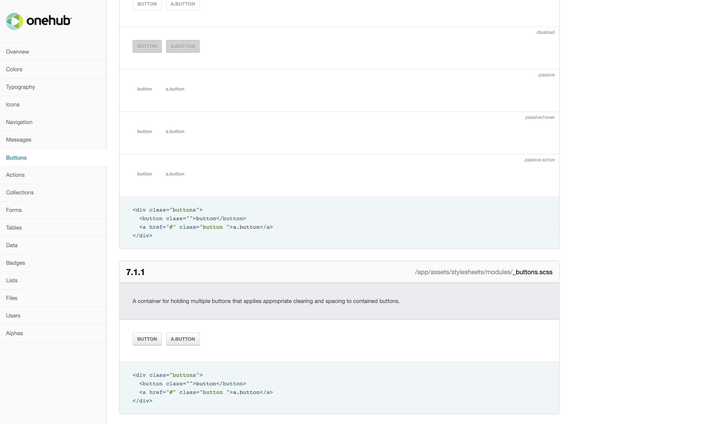 Onehub styleguide buttons module showing example code.