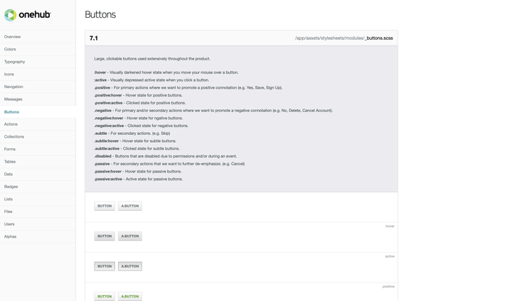 Onehub styleguide buttons module showing modifiers.