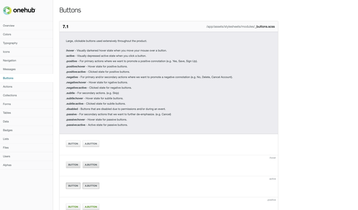 Onehub styleguide buttons module showing modifiers.