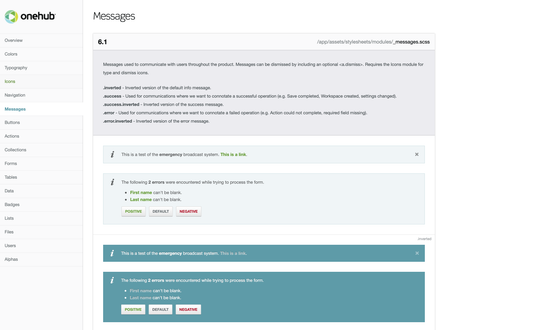 Onehub – styleguide messages screenshot