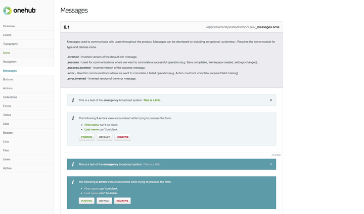 Onehub styleguide messages module with modifiers.