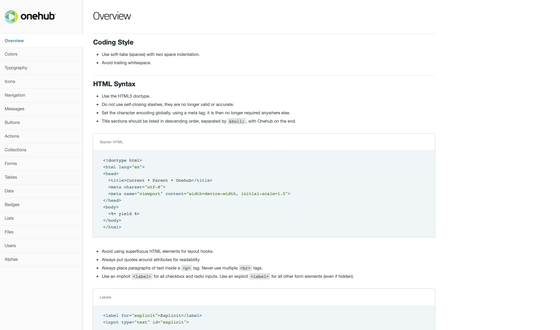 Onehub – styleguide overview screenshot