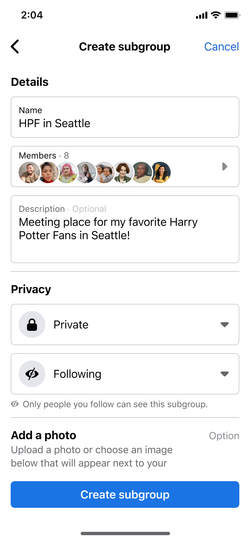 Secret subgroup creation by a group member.