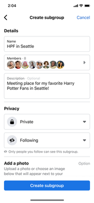 Meta – Subgroup Create Screenshot