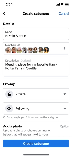 Secret subgroup creation by a group member.