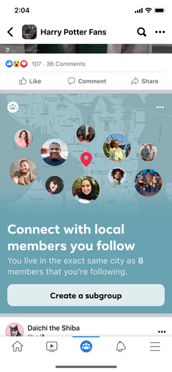 Subgroup creation surfaced to members who are in similar locations.