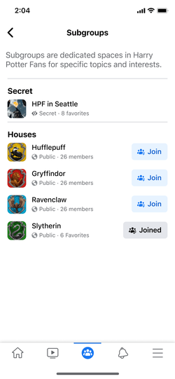 Subgroups list showing public and secret subgroups.