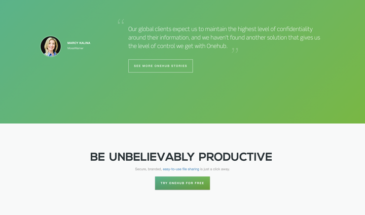 Onehub website testimonial and footer with call to action.