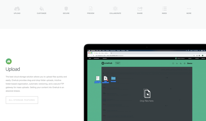 Onehub feature jump navigation and upload section.