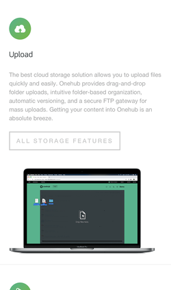 Onehub website upload feature section on mobile.