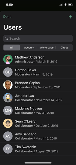 Onehub iOS users list showing access levels.