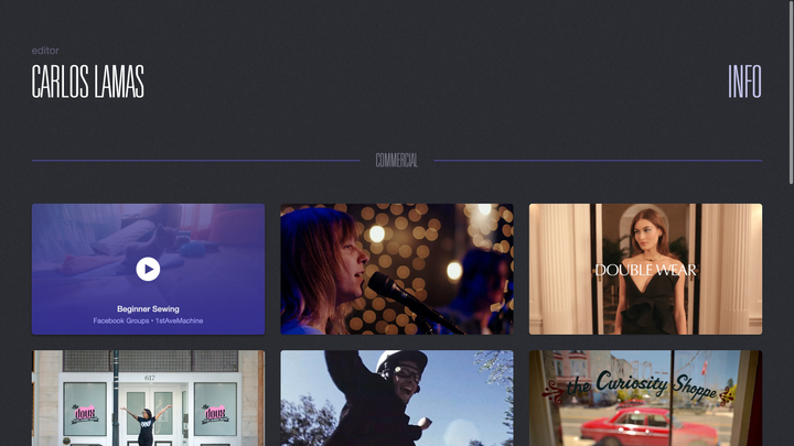 Carlos Lamas reel page on desktop.