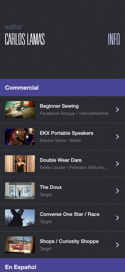 Carlos Lamas reel page on mobile.